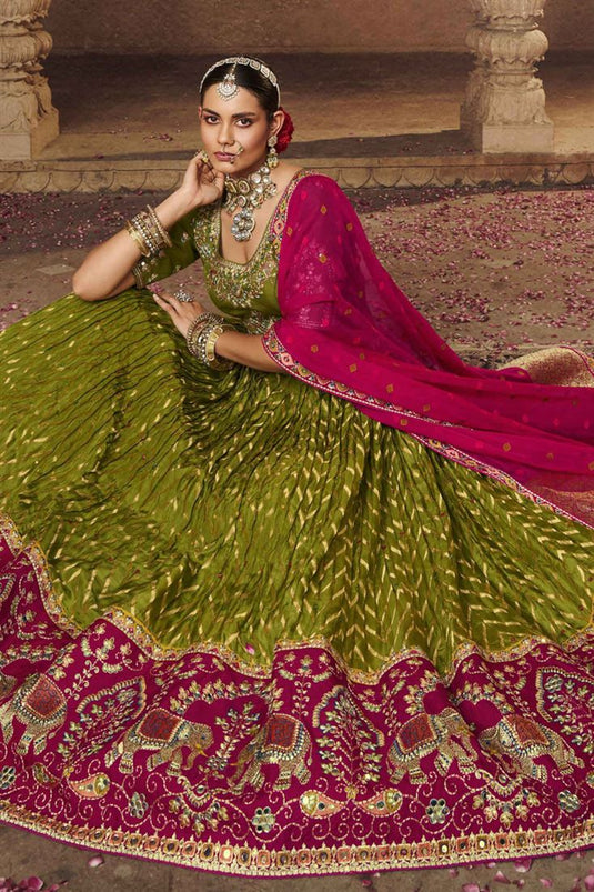 Stunning Mehendi Green Color Lehenga Choli Set For Women