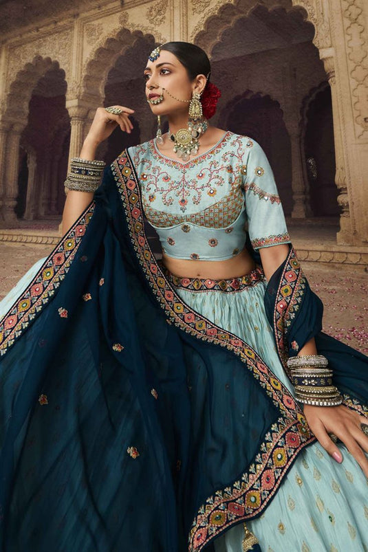 Traditional Viscose Embroidered Light Cyan Color Lehenga