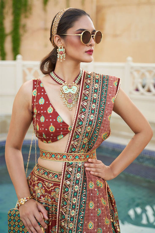 Sequins Work Embellishments Silk Lehenga In Brown Color