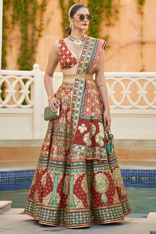 Sequins Work Embellishments Silk Lehenga In Brown Color