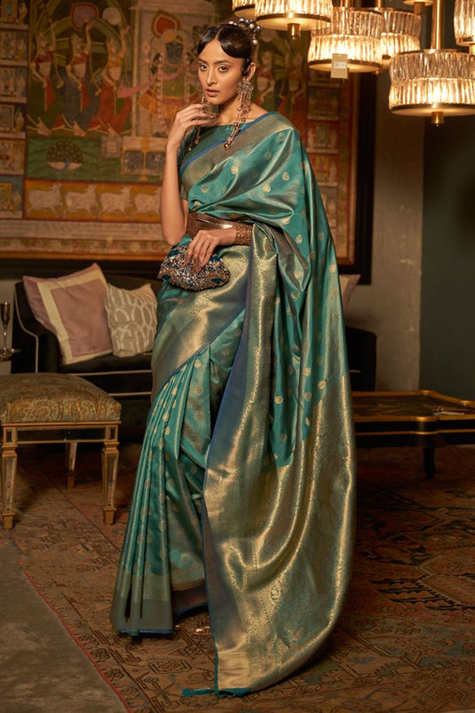 Art Silk Fabric Teal Color Weaving Work Festive Wear Trendy Saree