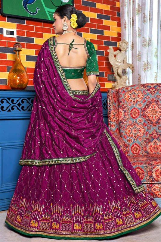 Embroidered Magenta Color Wedding Wear Lehenga Choli In Chinon Fabric