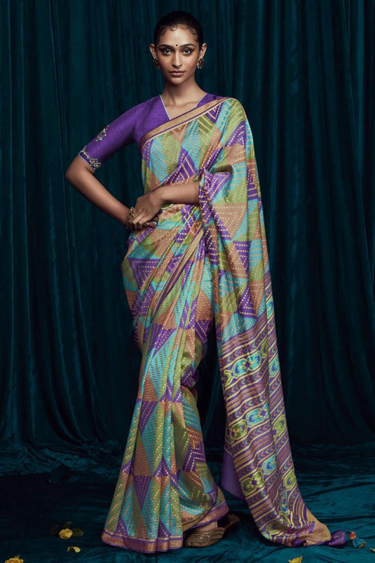 Amulet Multi Color Brasso Silk Printed Saree With Embroidered Blouse