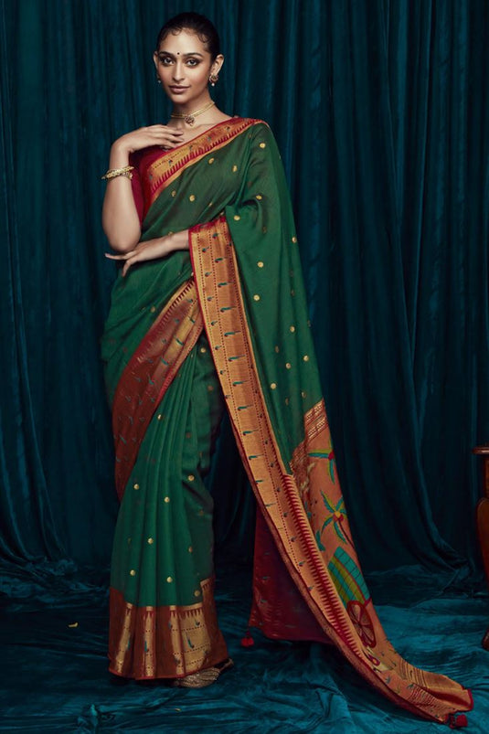 Brasso Silk Fabric Function Wear Green Color Printed Saree With Embroidered Blouse