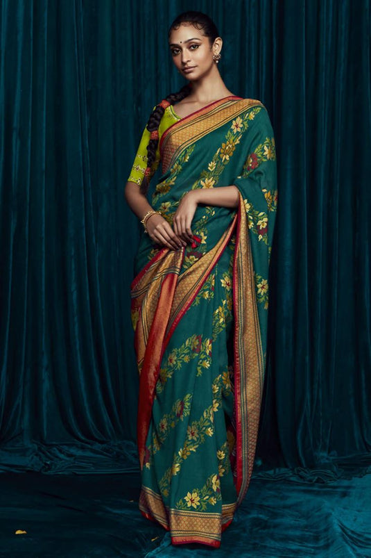 Festive Wear Teal Color Printed Saree In Brasso Silk Fabric