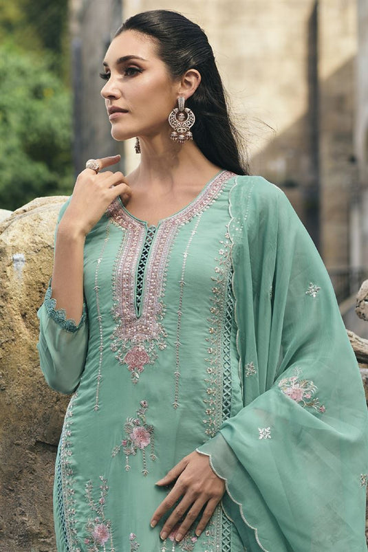 Casual Wear Organza Fabric Embroidered Cyan Color Readymade Salwar Kameez