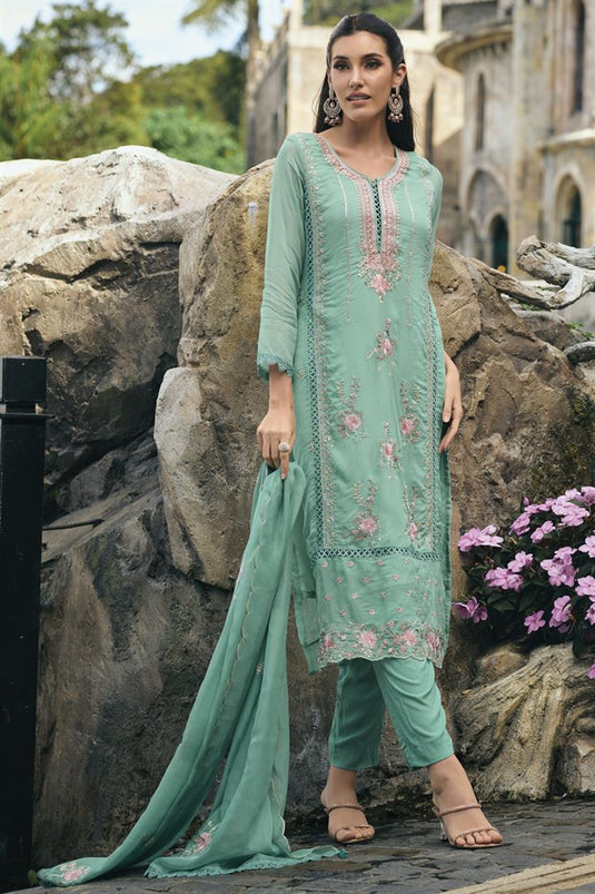 Casual Wear Organza Fabric Embroidered Cyan Color Readymade Salwar Kameez