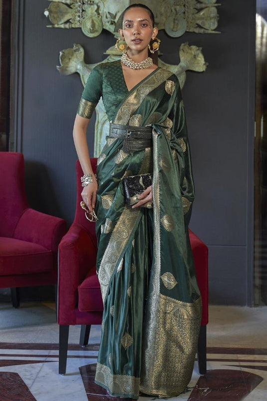 Silk Fabric Wedding Wear Green Color Fancy Weaving Work Saree