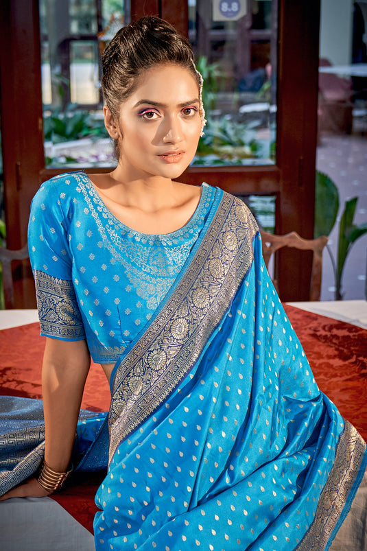 Sky Blue Color Reception Wear Trendy Weaving Work Saree In Silk Fabric