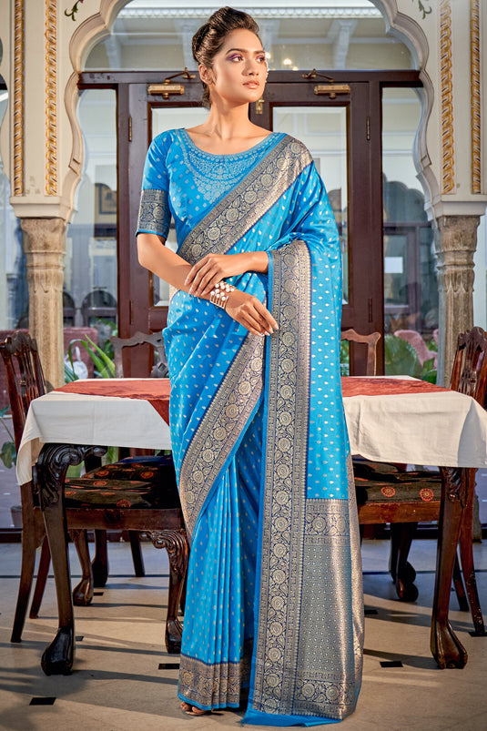 Sky Blue Color Reception Wear Trendy Weaving Work Saree In Silk Fabric