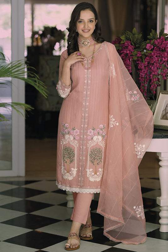 Pink Color Organza Fabric Fancy Embroidered Straight Cut Casual Readymade Salwar Suit