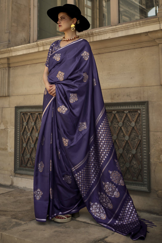 Blue Color Reception Wear Trendy Handloom Zari Weaving Work Saree In Pure Satin Silk Fabric