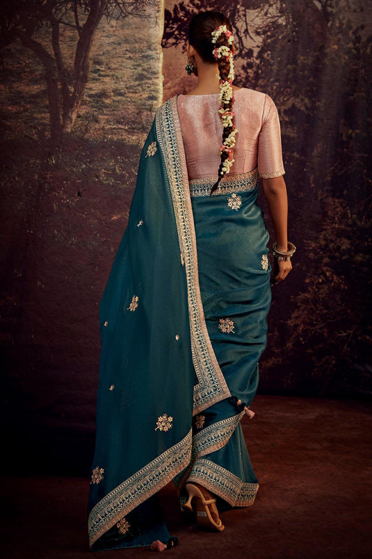 Attractive Fancy Work Teal Color Art Silk Fabric Saree