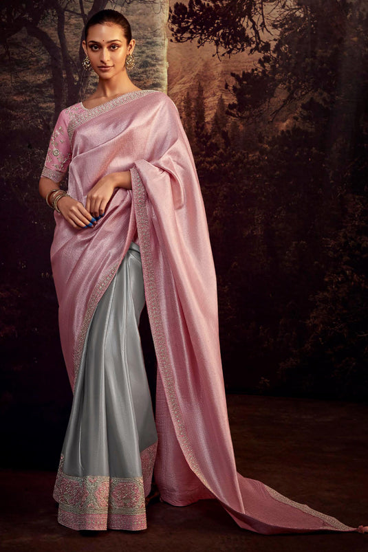 Eye Captivating Pink Color Art Silk Fabric Fancy Work Saree