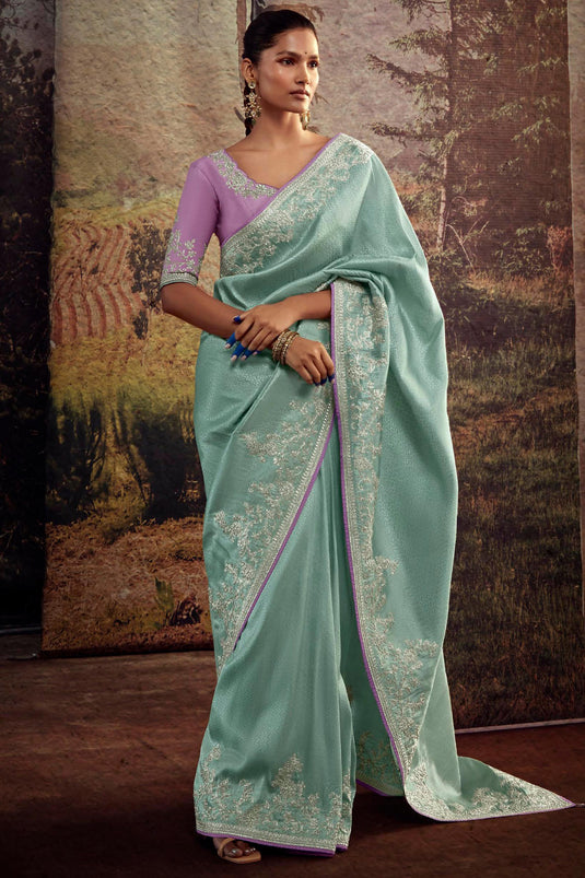 Art Silk Fabric Pleasant Sea Green Color Fancy Work Saree