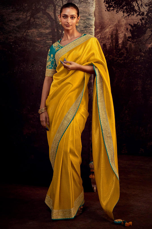 Fancy Work Yellow Color Fabulous Art Silk Fabric Saree