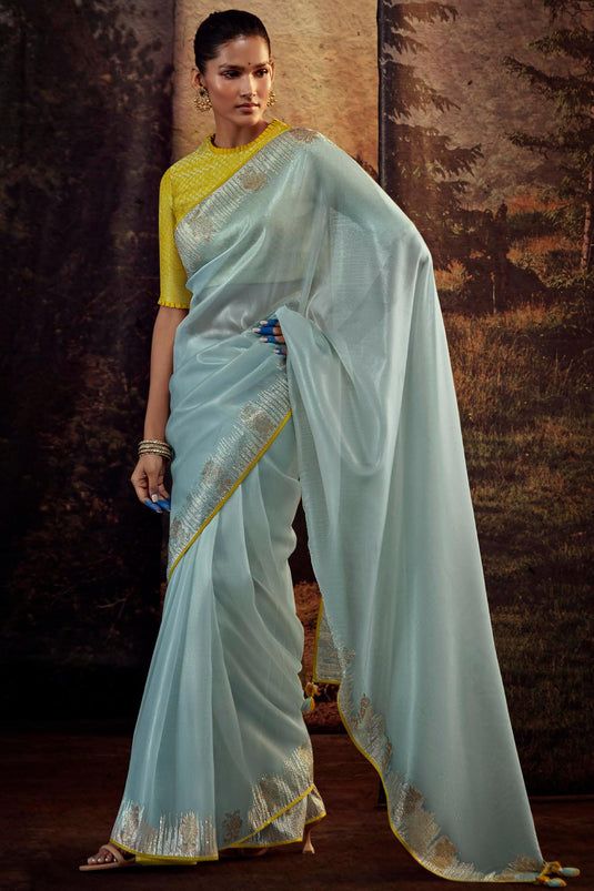 Art Silk Fabric Fancy Work Glamorous Light Cyan Color Saree