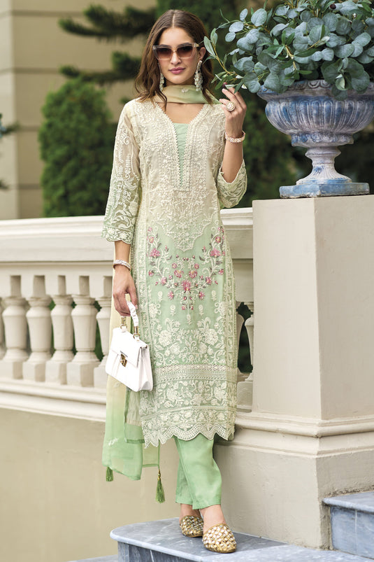 Organza Fabric Sea Green Color Embroidered Function Wear Readymade Designer Salwar Suit
