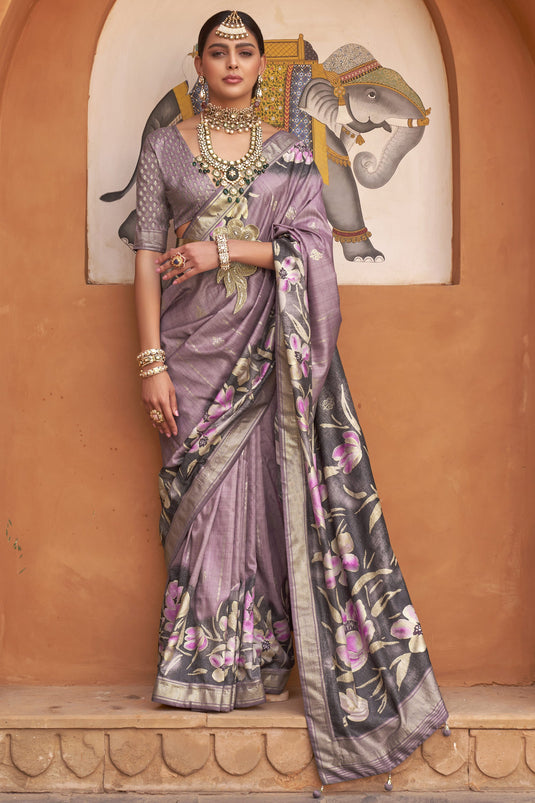 Dazzling Lavender Color Art Silk Fabric Printed Function Wear Saree With Same Color Blouse