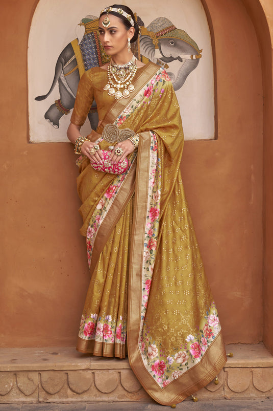 Art Silk Fabric Printed Rich Mustard Color Festive Wear Saree With Same Color Blouse