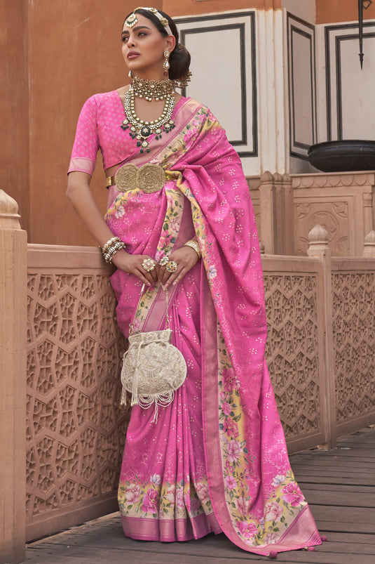 Attractive Printed Pink Color Art Silk Fabric Saree With Same Color Blouse