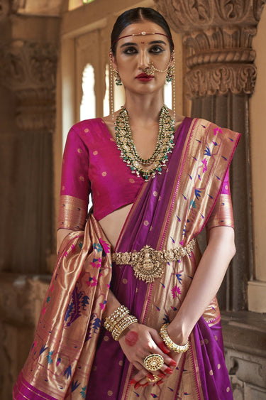 Purple Color Art Silk Fabric Weaving Work Designer Nauvari Style Saree With Contrast Blouse