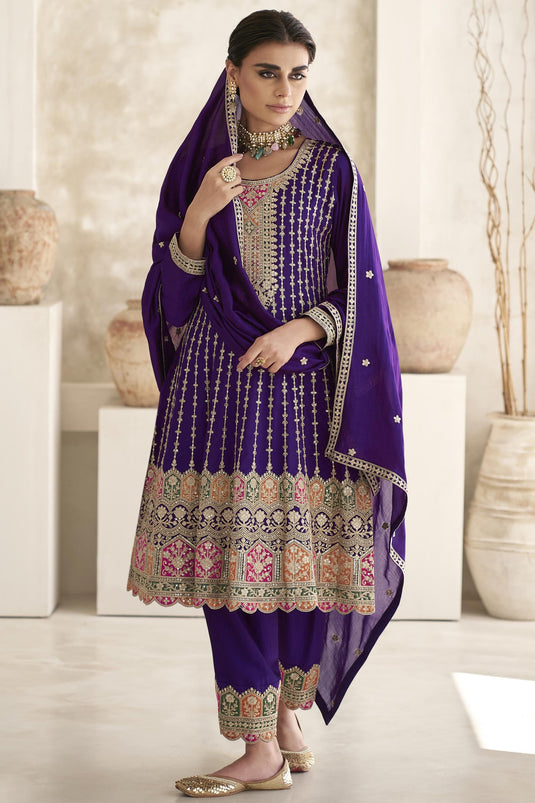 Karva Chauth Special Art Silk Fabric Purple Color Embroidered Readymade Designer Salwar Suit