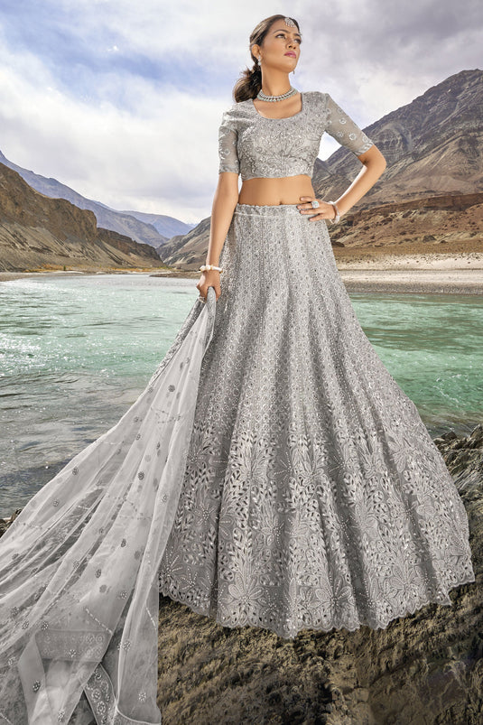 Grey Color Designer Bridal Lehenga Choli With Fancy Work Organza Fabric