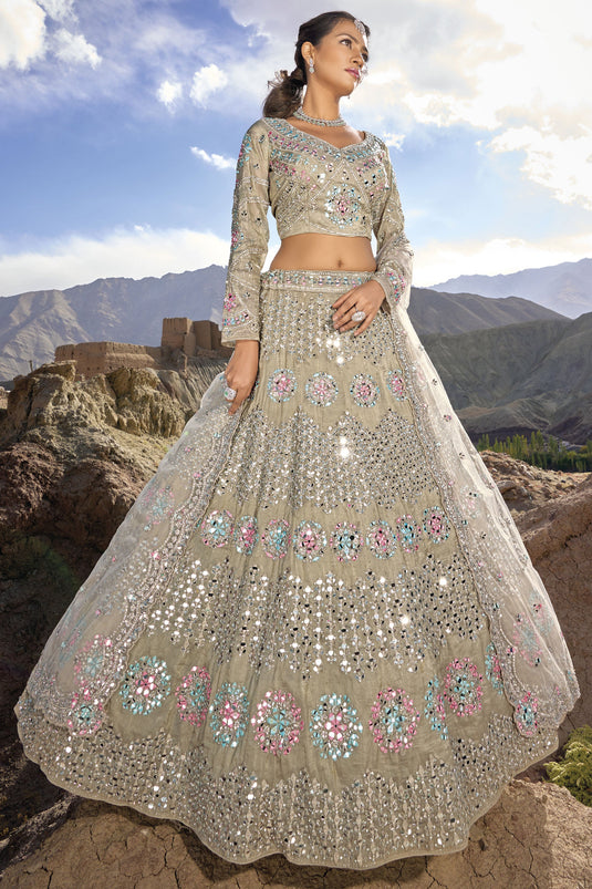 Fancy Work Organza Fabric Designer Lehenga Choli In Beige Color