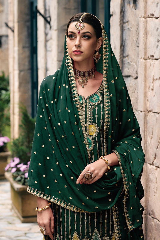 Embroidered Palazzo Salwar Kameez In Chinon Fabric Dark Green Color