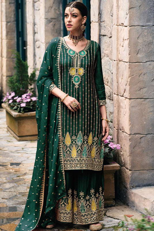 Embroidered Palazzo Salwar Kameez In Chinon Fabric Dark Green Color