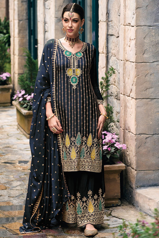 Navy Blue Color Embroidered Palazzo Salwar Suit In Chinon Fabric