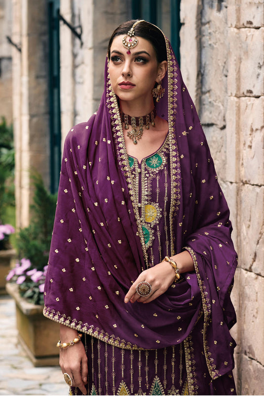 Embroidered Chinon Fabric Palazzo Suit In Purple Color