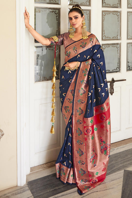 Imperial Navy Blue Color Art Silk Weaving Work Saree