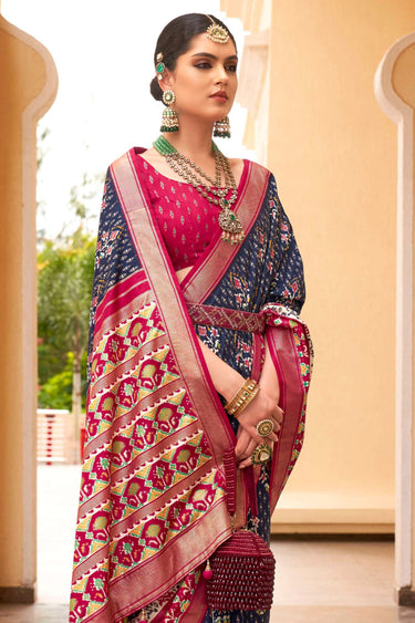 Delightful Navy Blue Printed Patola Silk Function Wear Saree