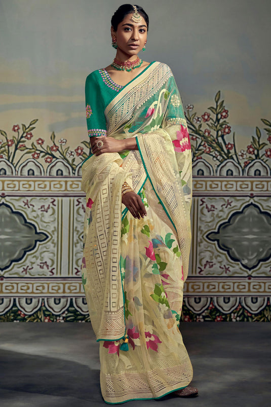 Organza Fabric Beige Color Intricate Brasso Work Saree