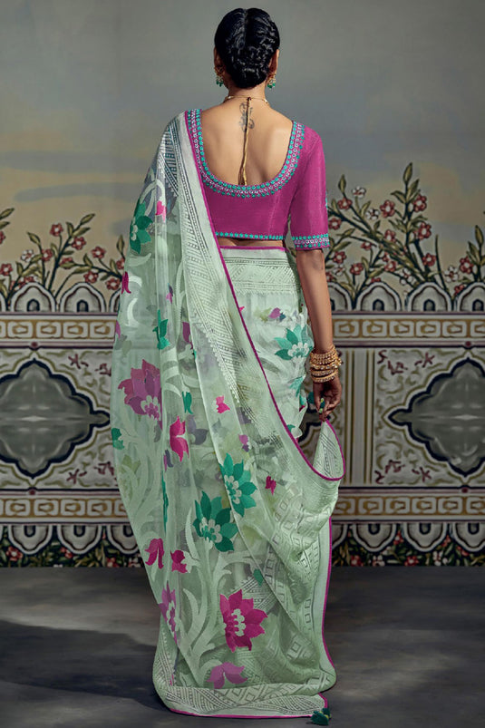 Sea Green Color Brasso Work Organza Fabric Superior Saree