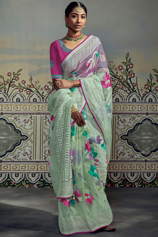 Sea Green Color Brasso Work Organza Fabric Superior Saree