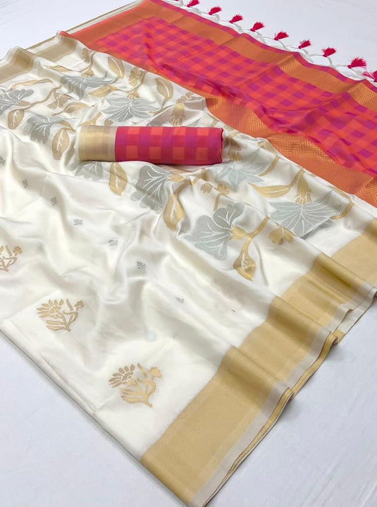 Winsome Weaving Work Off White Color Art Silk Fabric Saree