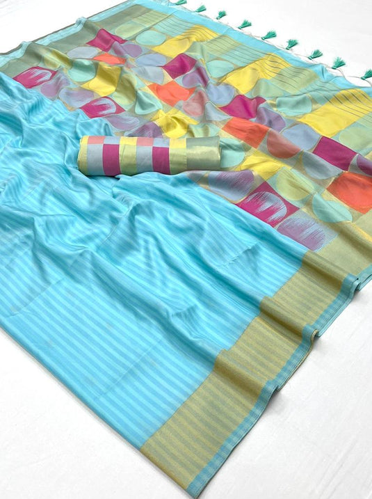 Art Silk Fabric Cyan Color Imperial Weaving Work Saree