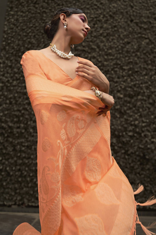 Dazzling Orange Color Weaving Work Saree In Chinon Fabric