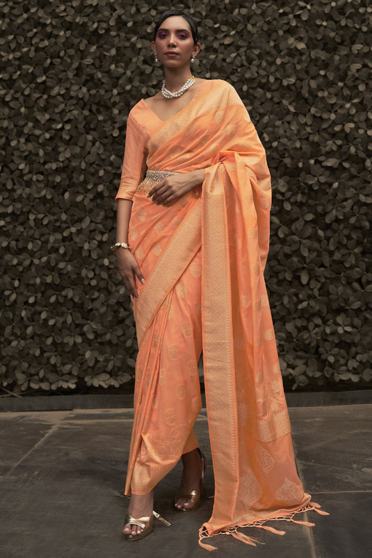 Dazzling Orange Color Weaving Work Saree In Chinon Fabric