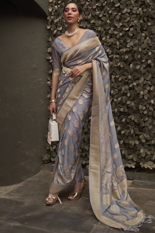 Chinon Fabric Grey Color Winsome Weaving Work Saree