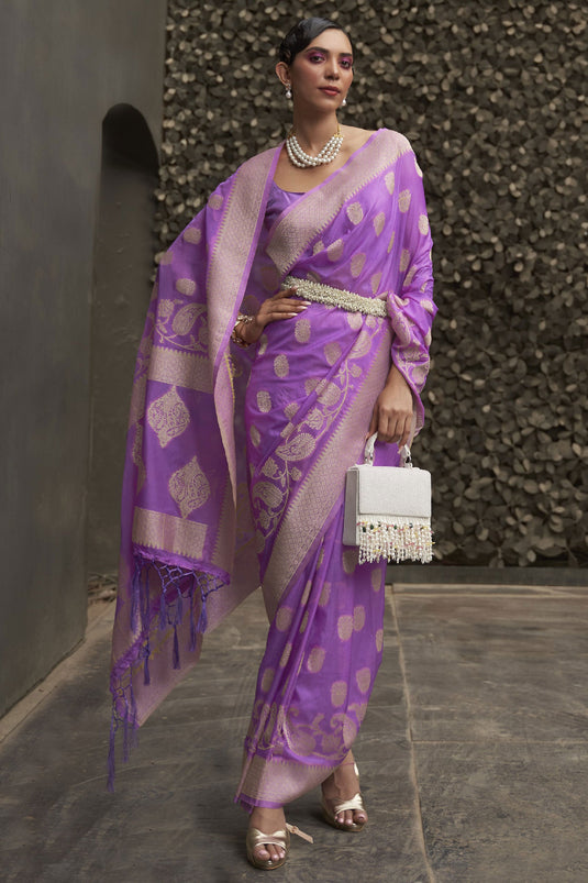 Creative Weaving Work Saree In Purple Color Chinon Fabric