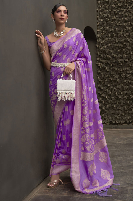 Creative Weaving Work Saree In Purple Color Chinon Fabric