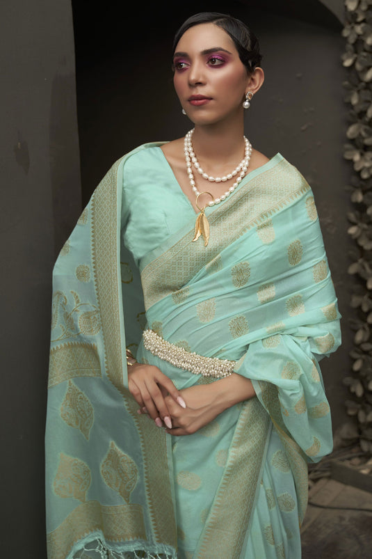 Marvelous Chinon Fabric Weaving Work Saree In Sea Green Color