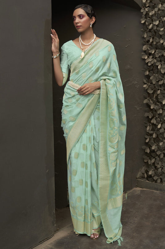 Marvelous Chinon Fabric Weaving Work Saree In Sea Green Color