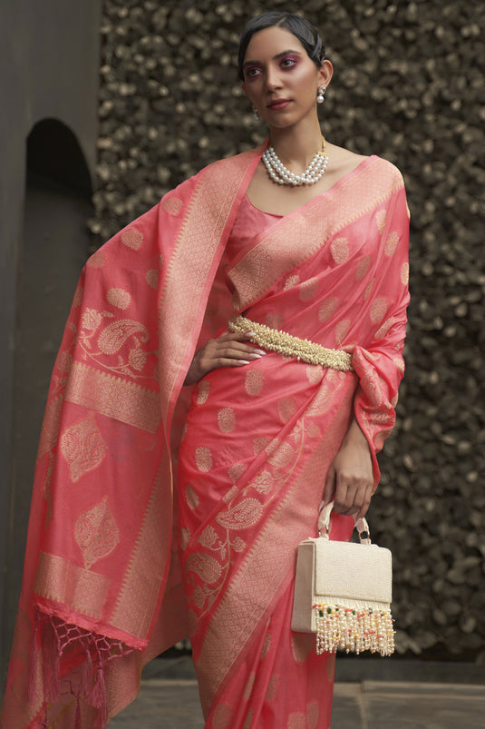 Pink Color Chinon Fabric Weaving Work Saree