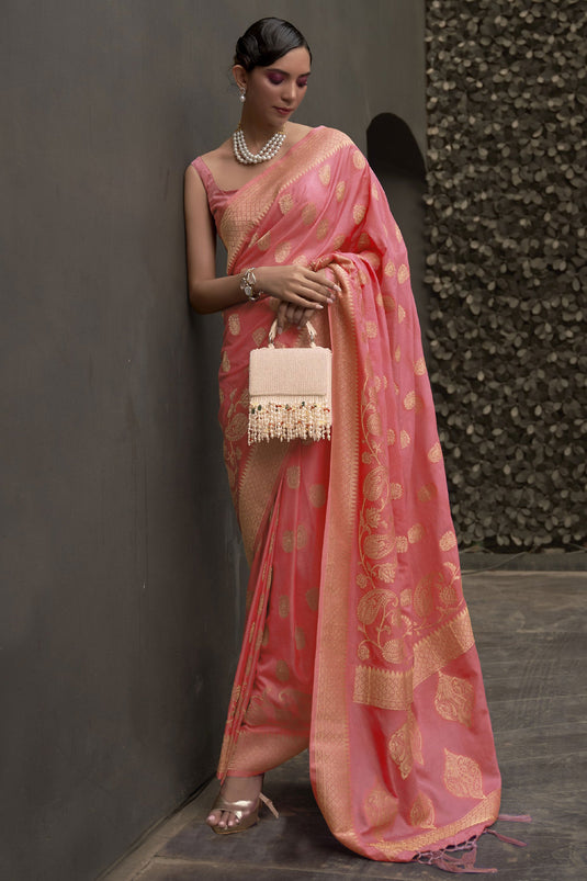 Pink Color Chinon Fabric Weaving Work Saree