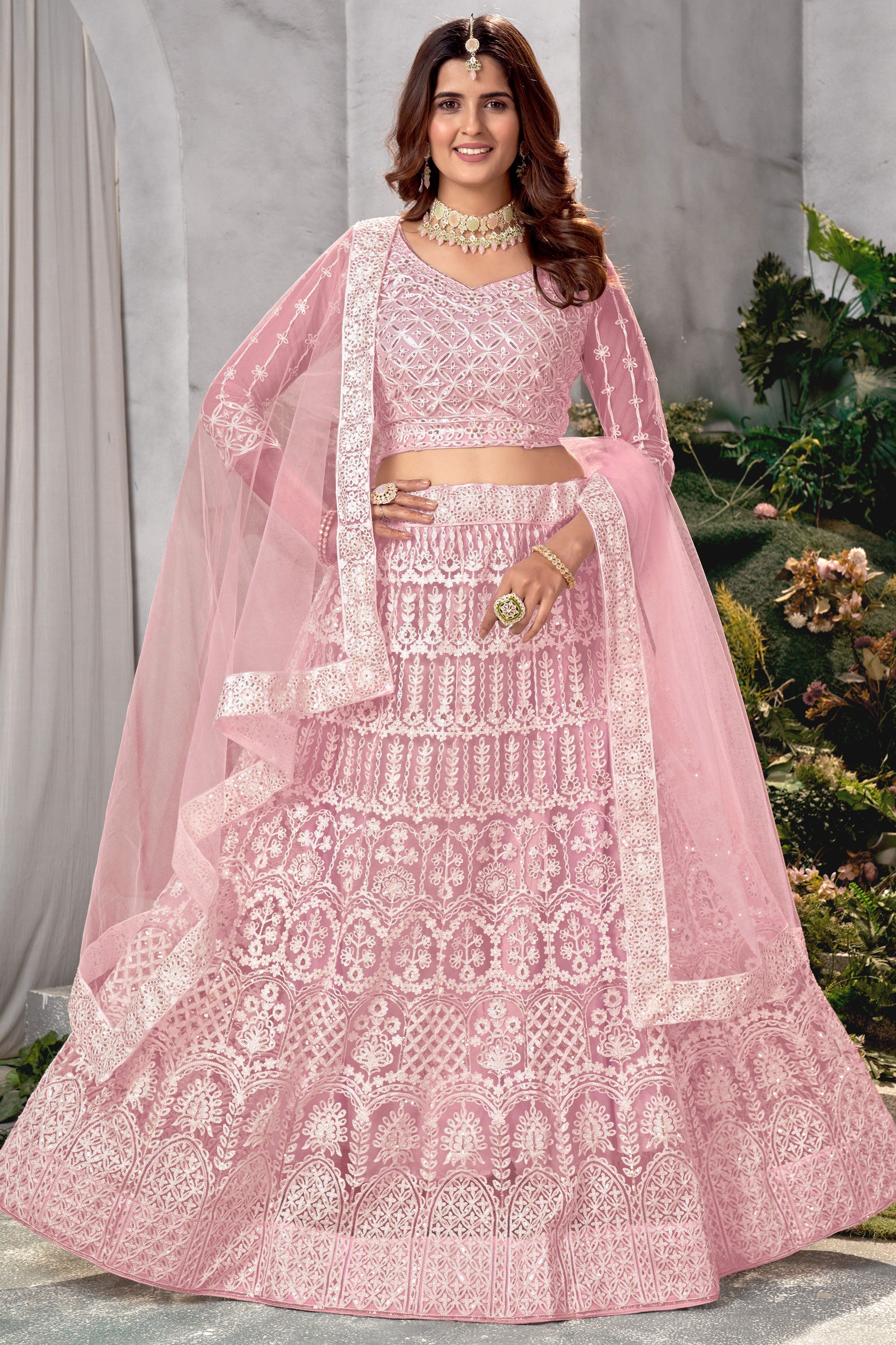 Buy Net Fabric Pink Color 3 Piece Lehenga Choli With Embroidery Work online from SareesBazaar UK at lowest prices with best deals worldwide shipping